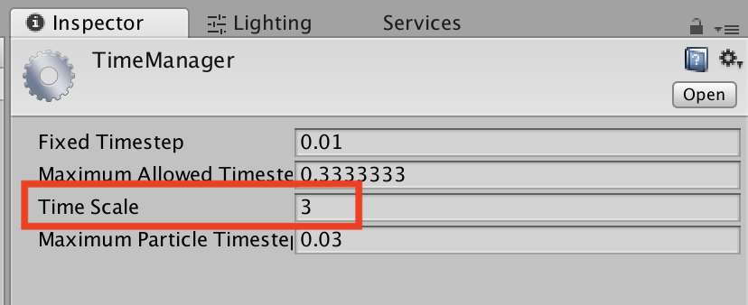 TimeManger Inspector window with Time Scale highlighted